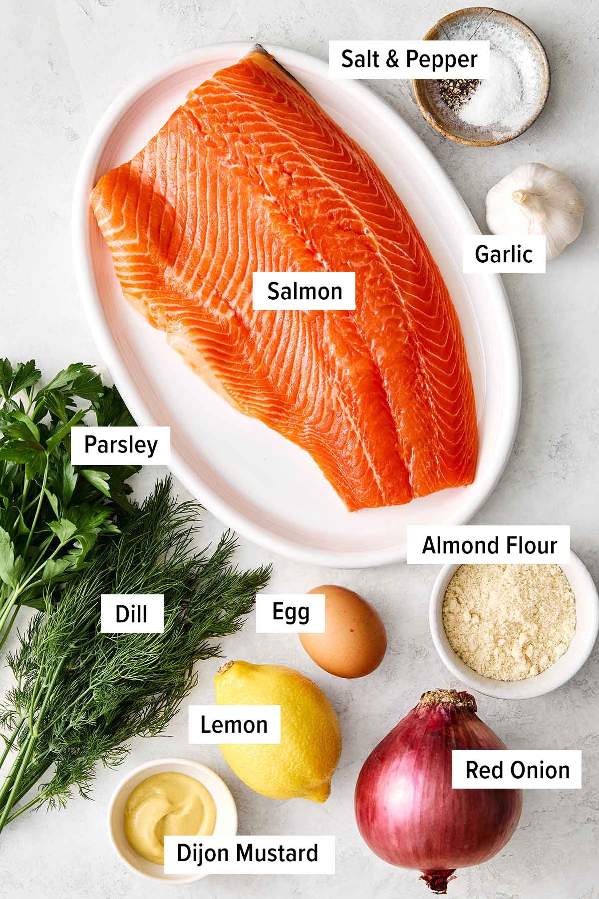 Salmon burger ingredients.