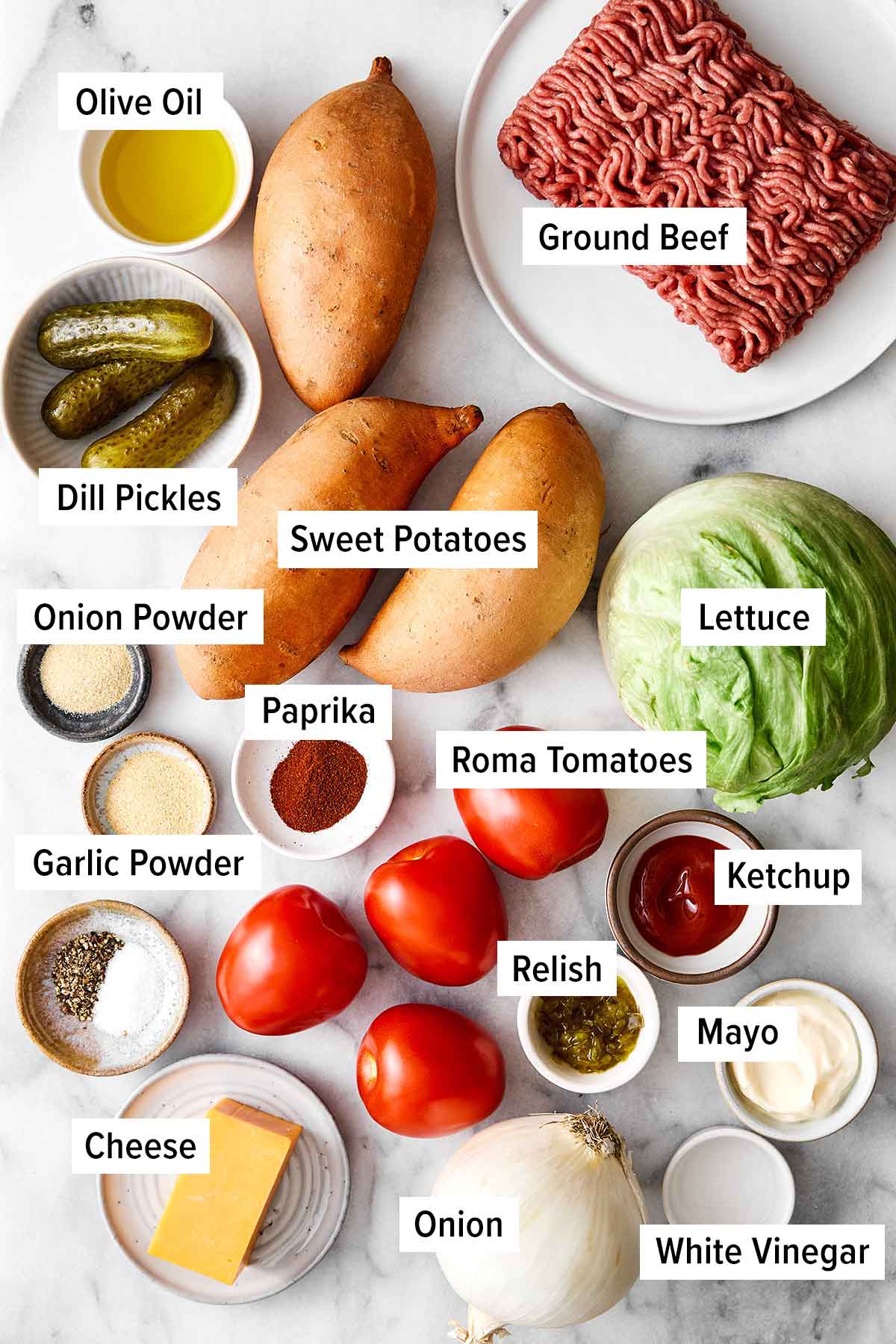 This sweet potato burger bowl is the best kind of weeknight dinner. It's all the tasty layers of an In-N-Out burger, but leans healthier! Ingredients for sweet potato burger bowl.