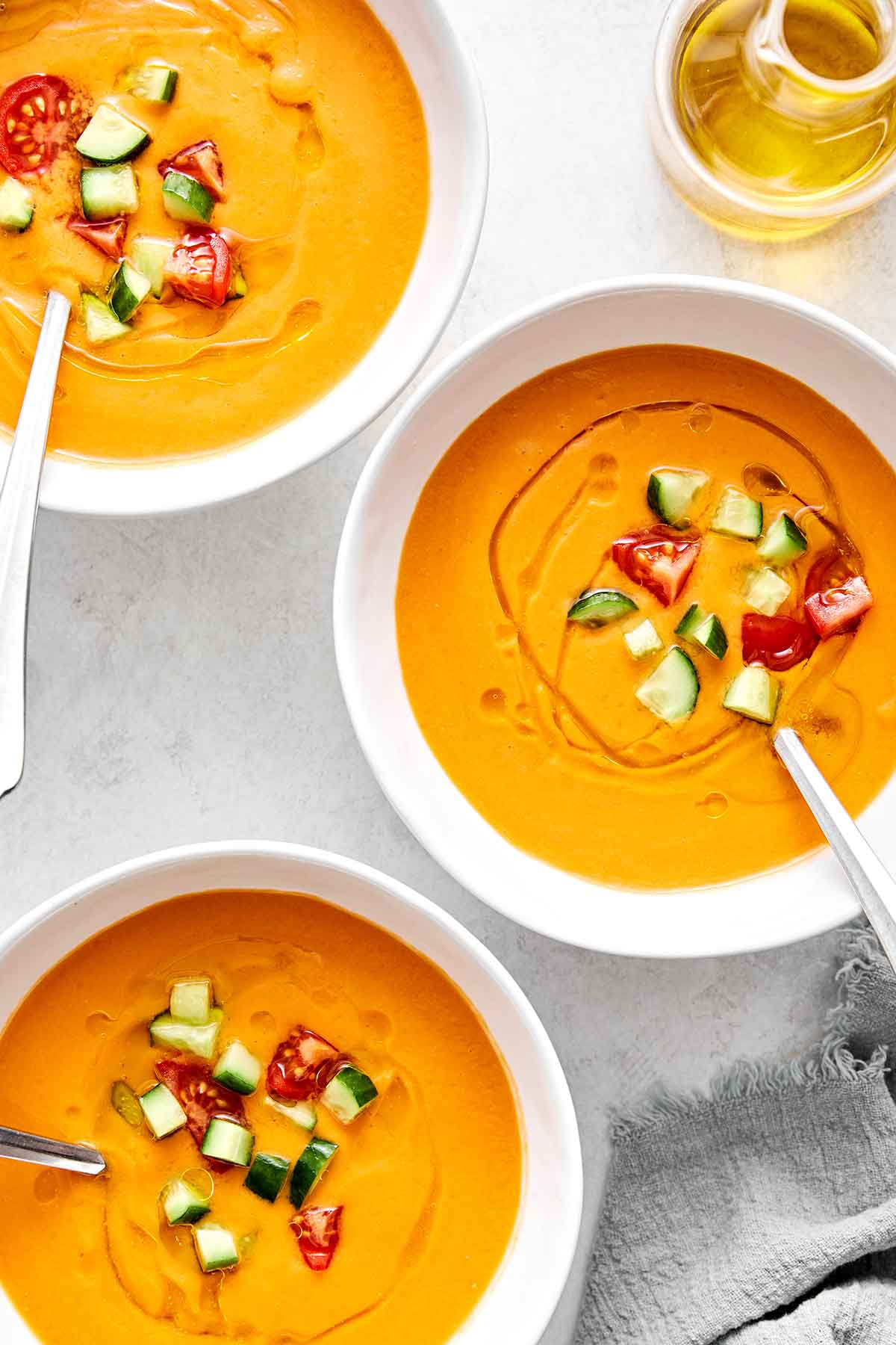 Bowls of gazpacho with tomatoes.