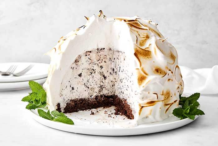 Baked Alaska with mint chocolate chip ice cream.