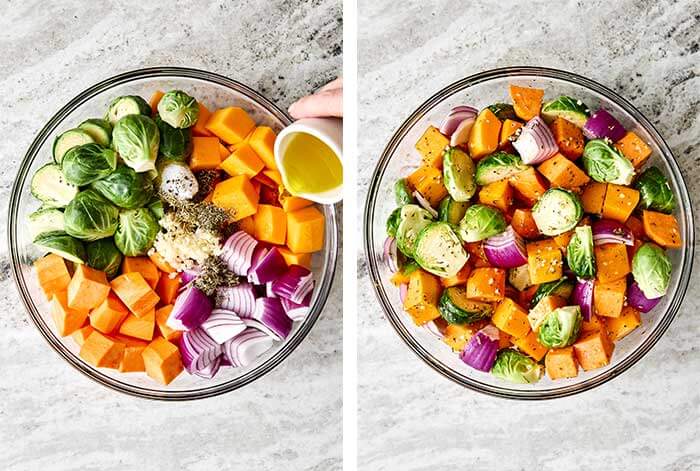 Tossing fall vegetables in a seasoning.
