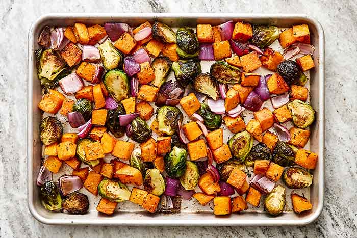 Roasting fall vegetables on a sheet pan.