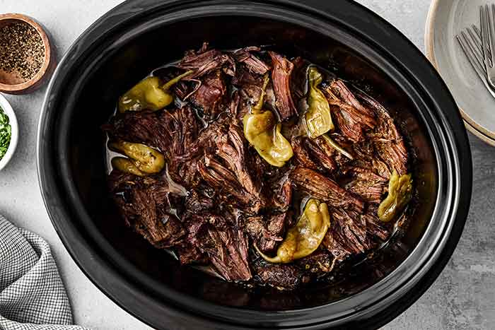 Mississippi pot roast in a slow cooker.