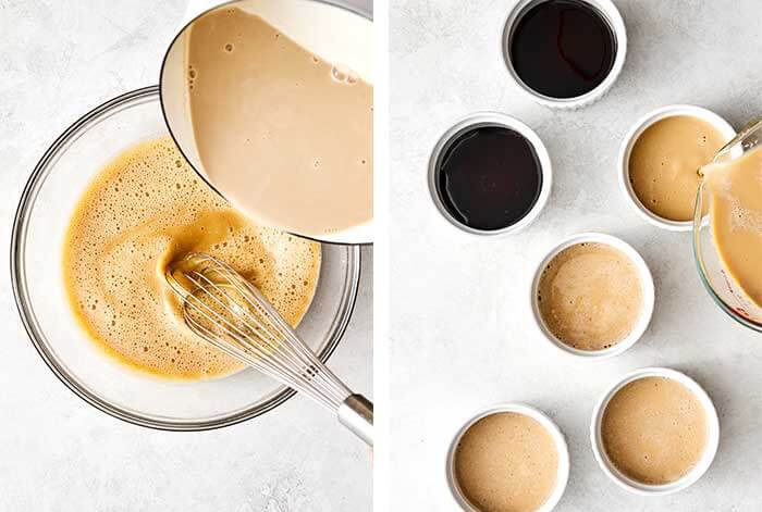 Pouring the flan custard mix into ramekins.