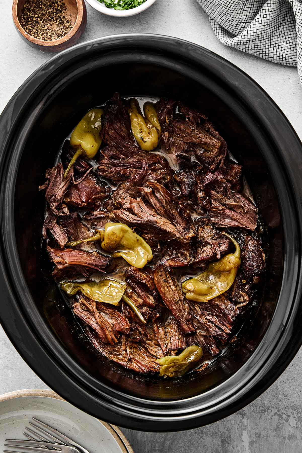 Mississippi pot roast in a slow cooker.